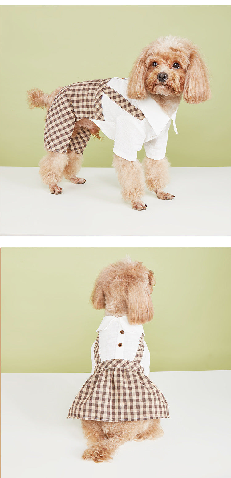 Brown Plaid Skirt and Pants with Suspenders for Pets