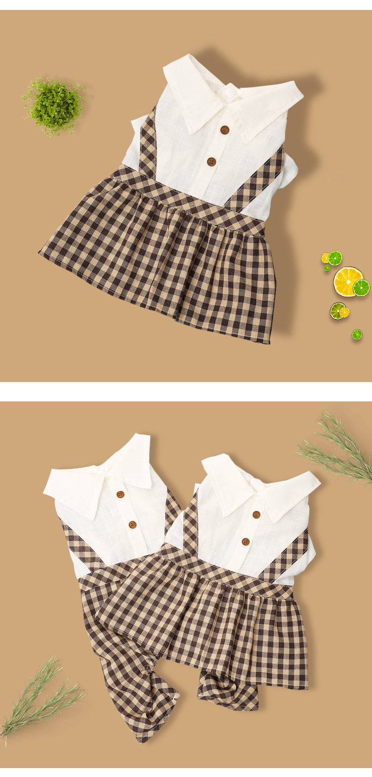 Brown Plaid Skirt and Pants with Suspenders for Pets