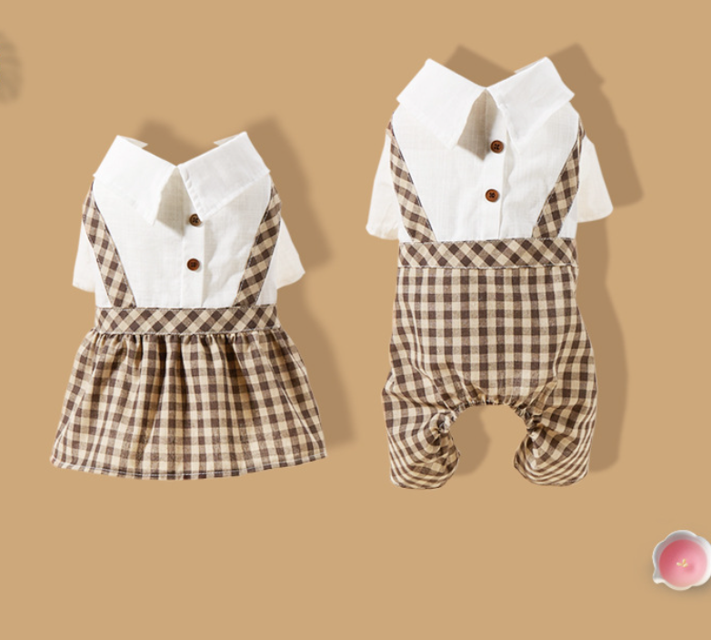 Brown Plaid Skirt and Pants with Suspenders for Pets