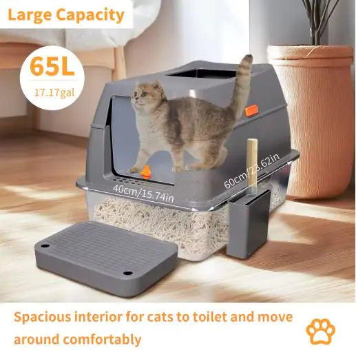 Arenero Grande para Gatos, Totalmente  Cerrado, de Acero Inoxidable