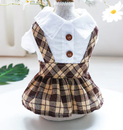 Brown Plaid Skirt and Pants with Suspenders for Pets