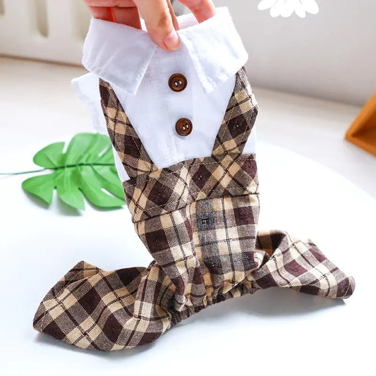 Brown Plaid Skirt and Pants with Suspenders for Pets
