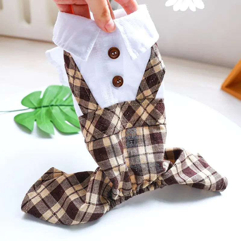 Brown Plaid Skirt and Pants with Suspenders for Pets
