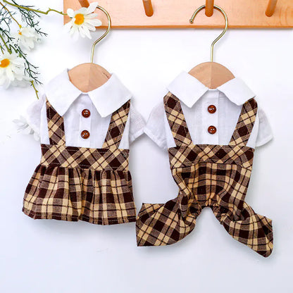 Brown Plaid Skirt and Pants with Suspenders for Pets