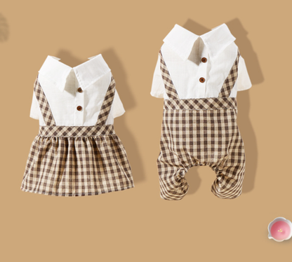 Brown Plaid Skirt and Pants with Suspenders for Pets